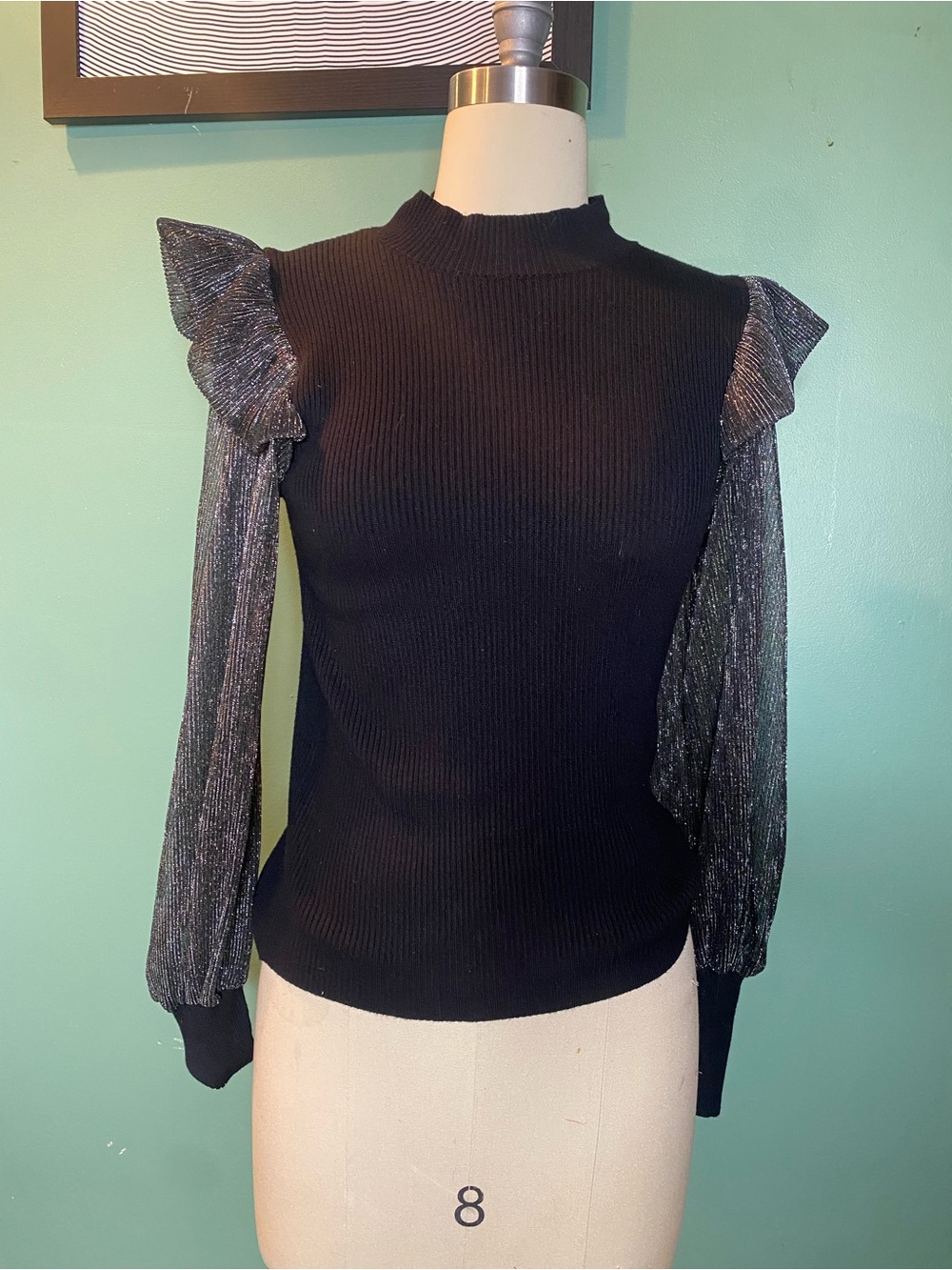 Cato Black Ribbed Top with Metallic Silver Sheer Sleeves